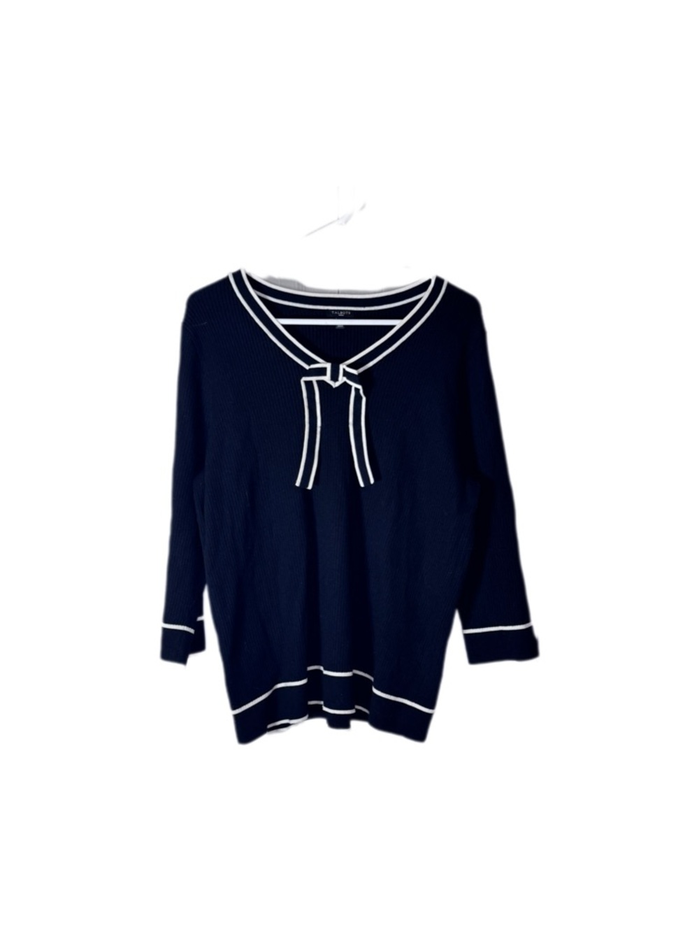 Talbots Black V-Neck Sweater with White Piping Tie